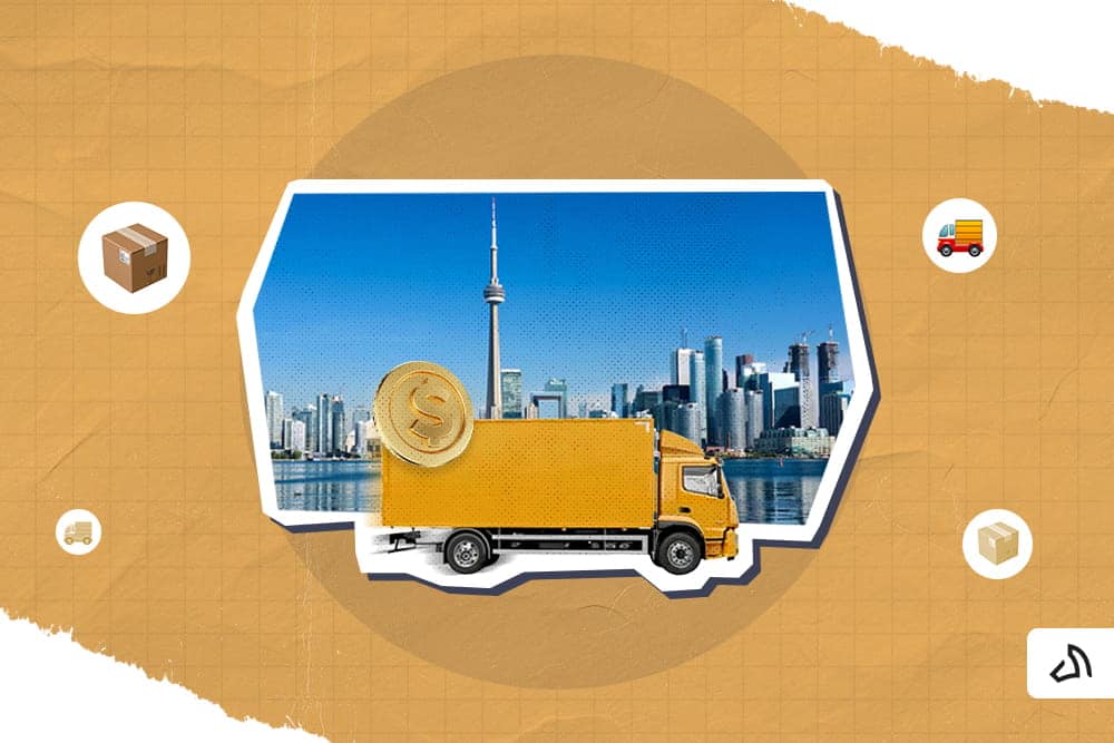 A yellow delivery truck with a gold coin above it and the Canadian skyline behind it