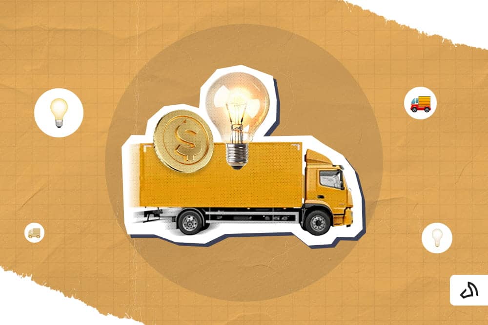 A yellow delivery truck with a light bulb and a gold coin above it
