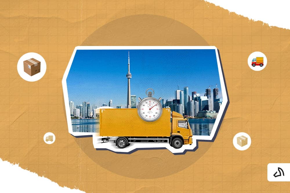 A yellow delivery truck with a timer above it and the Canadian skyline behind it