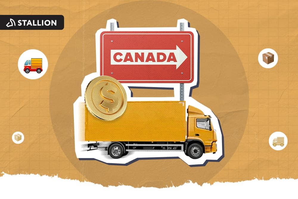 A yellow delivery truck with the Canada sign above it