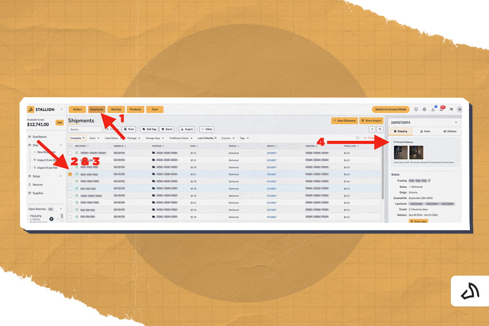 A screenshot of the process on how to find a proof of delivery in the Stallion dashboard