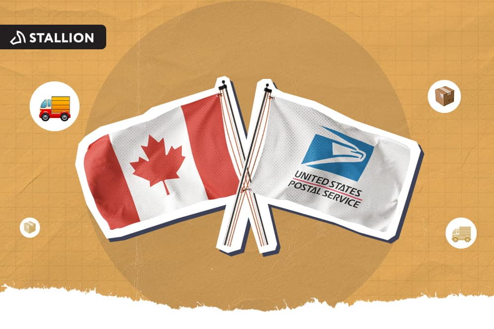 The Canadian flag and the USPS logo